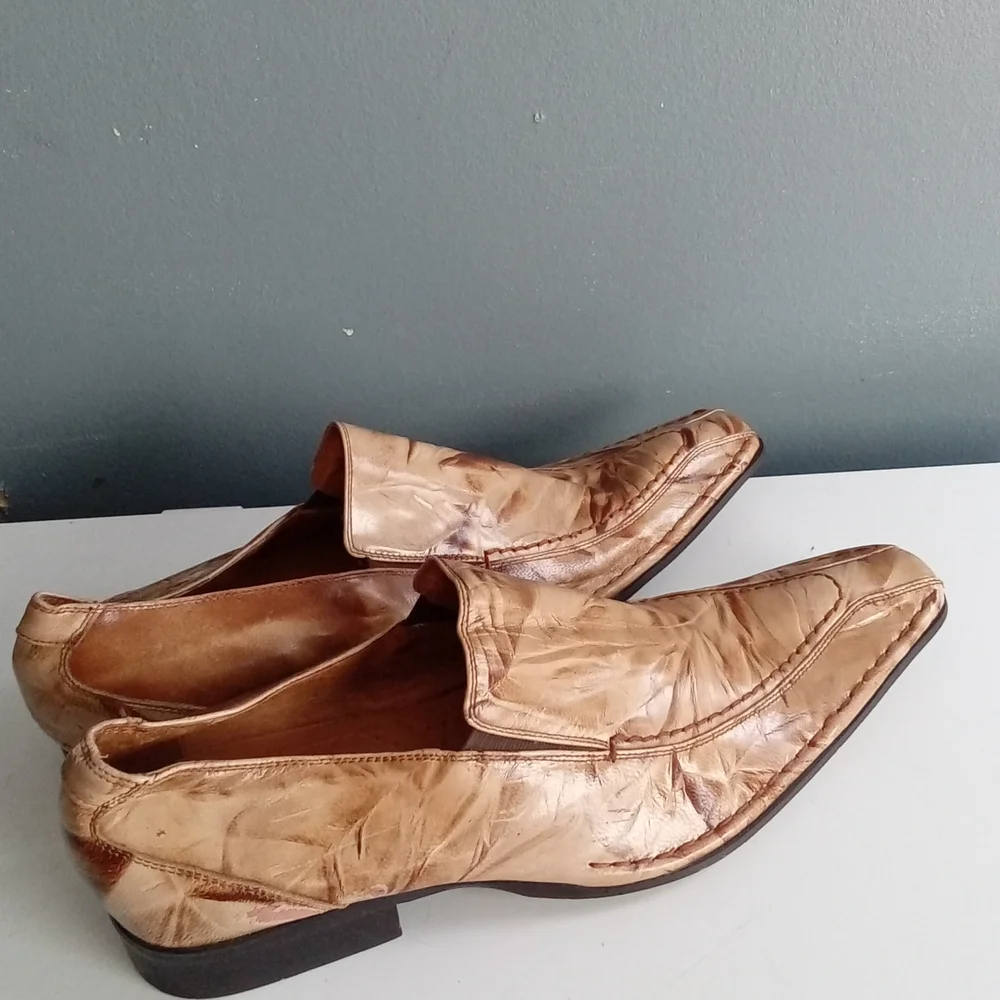 Fiesso by Aurelio Garcia Tan Textured Leather Pointed Toe Slip On‎ Loafers Mens